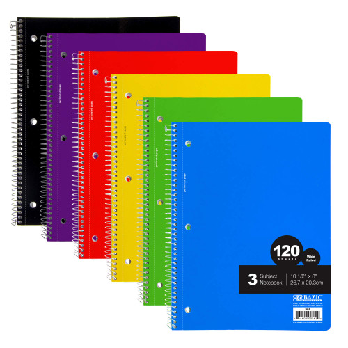 BAZIC Notebook Wide Ruled 3 Subject Spiral 120 Sheets Spiral Notebooks, Journal Comp Lined Composition Notebook for School Office, Assorted Color, 6-Pack