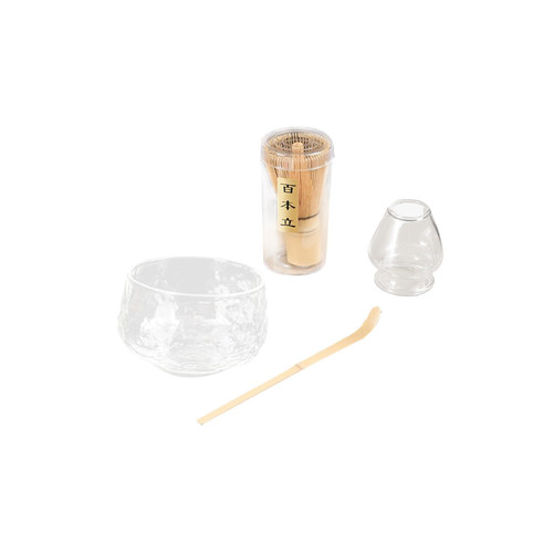 Gralara 4pcs/set Matcha Whisk Set Mtacha Kit Matcha Bowl, Matcha Whisk (chasen) Scoop (chashaku) Matcha Whisk Holder Clear Glass, Clear