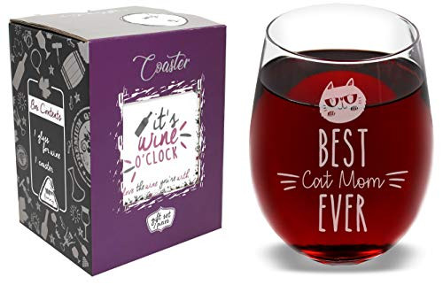 The Mediaholics Best Cat Mom Ever - Funny Novelty Stemless Wine Glass Coaster and Gift Box - 17 Oz - Great Birthday for Girlfriend Wife Mom on Birthday Mothers Day