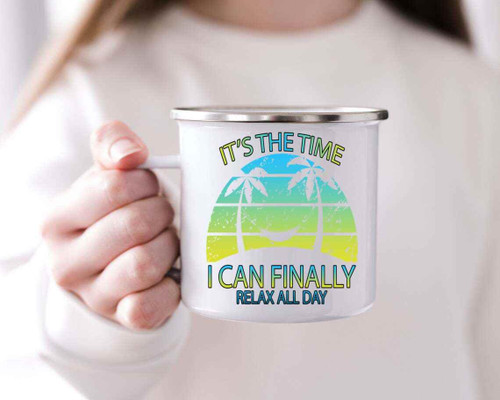 Relax All Day Gift Idea for Hammock Lovers - Natural Multicolor on 12 Oz White Stainless Steel Camping Mug