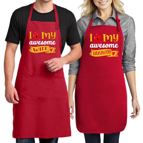 TEEAMORE Valentine's Day I Love My Awesome Wife & Husband Matching Couple Grilling Cooking Baking Apron Red