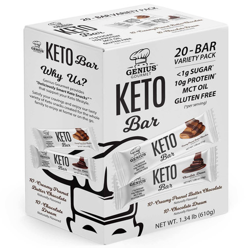 Genius Gourmet Gluten Free Keto Protein Bar, Chocolate Keto Bars, Premium MCTs, Low Carb, Low Sugar (Variety Pack, 20 Count (Pack of 1)) Genius Gourmet Gluten Free Keto Protein Bar, Chocolate Keto Bars, Premium MCTs, Low Carb, Low Sugar (Variety Pack, 20 Count (Pack of 1))