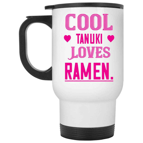 Unique Cat Lover's Gift, a Special Housewarming Gift for Sister - Cool Tanuki Eating Ramen Design on 14 Oz White Stainless Steel Travel Mug