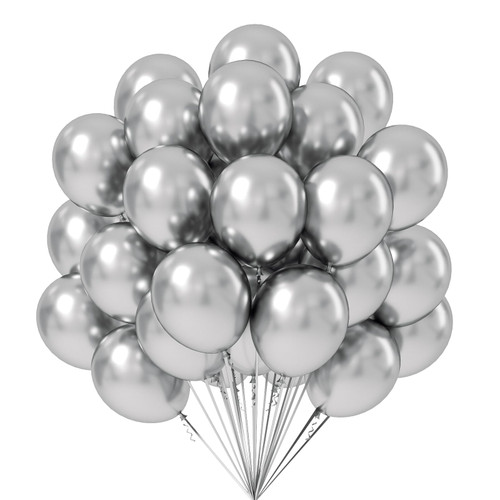 FOTIOMRG Metallic Silver Balloons 12 inch, 70 Pack Chrome Silver Latex Party Balloons Helium Quality for Birthday Halloween Baby Shower Disco Wedding Party Decorations (with Silver Ribbon)