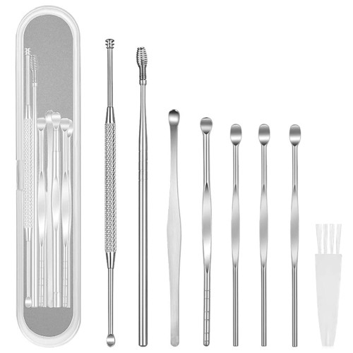 7 Pcs Ear Pick Earwax Removal Kit,Ear Curette Ear Wax Remover Tool with Cleaning Brush and Storage Box, Sliver