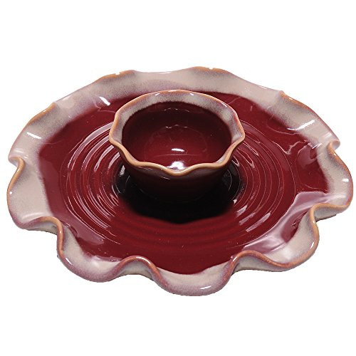 Cottage Creek - Small Dip Bowl With Attached Chip Tray - Red Ceramic Serving Tray - 8.5 Inch Diameter Serving Platter