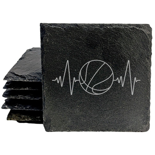 Slate Coasters with Heartbeat Basketball Design - Unique Laser-Etched Drink Mats for Sports Enthusiasts! - Square Slate - set of 5