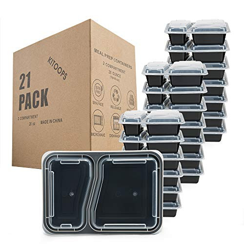Meal Prep Containers 2 Compartment 21 Pack, BPA Free Food Containers with Lids, Reusable Lunch Bento Box, Durable Food Storage, Portion Control, Stackable, Microwave, Dishwasher, Freezer Safe (28 oz)