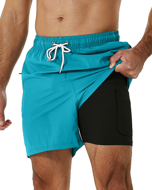 SILKWORLD Mens Swimming Trunks with Compression Liner 2 in 1 Quick-Dry Bathing Suits with Zipper Pockets Light Blue