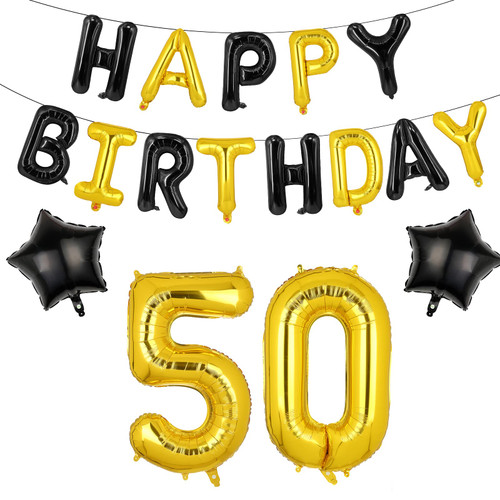 50th Happy Birthday Balloons Banner, 16 Inch Gold Black Foil Balloons Birthday Banner 50th Party Supplies for Fifty Year Old Birthday Party Photo Props Background Decorations