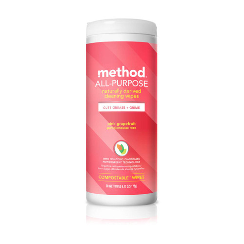 METHOD Pink Grapefruit All Purpose Cleaning Wipes, Multi-Surface, Compostable, 30 Count (Pack of 1)