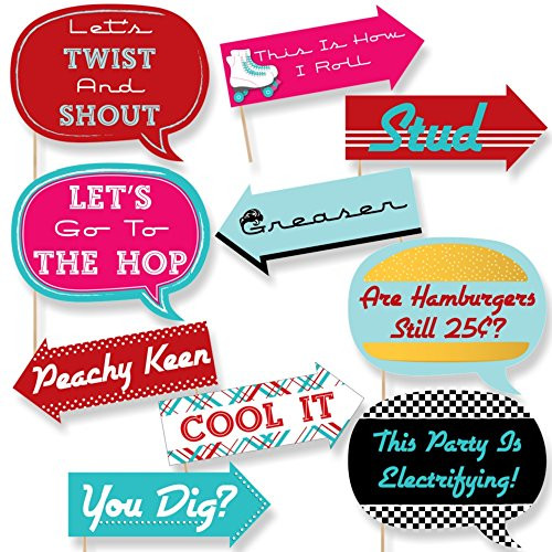 Big Dot of Happiness Funny 50's Sock Hop - 1950's Rock N Roll Party Photo Booth Props Kit - 10 Piece
