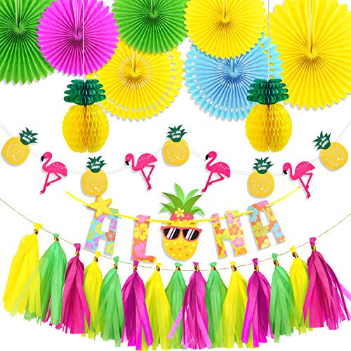 SAYAYA Summer Party Decoration Set Hanging Paper Fans Pineapple and Flamingo Flower Garland Banner for Hawaiian Luau Beach Birthday Wedding Photo Backdrop