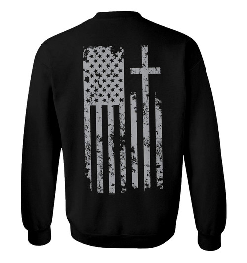 Haase Unlimited Silver American Flag With Cross - USA Faith Unisex Crewneck Sweatshirt (Black - Back Print, X-Large)