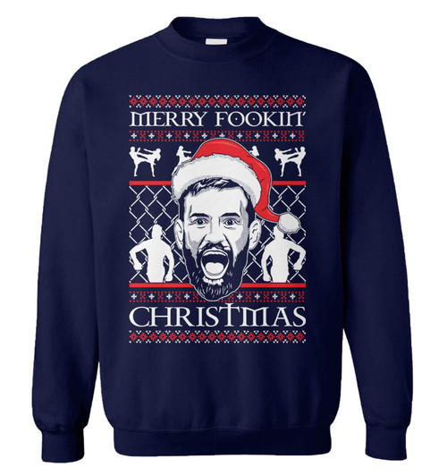 Haase Unlimited Merry Fookin' Christmas - Conor Fighter MMA Unisex Crewneck Sweatshirt (Navy, Large)