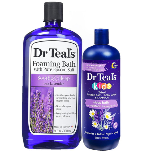 Dr. Teals Lavender & Kids 3 in 1 Foaming Bath Gift Set (2 Pack, 54oz Total) - 34oz Soothe & Sleep Lavender, 20oz Kids 3 in 1 Bath with Melatonin - Essential Oils Blended with Pure Epsom Salt