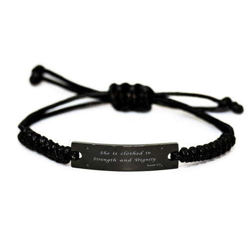 Take Thai Real Origin Bible Verse Black Rope Bracelet,Proverbs 31:25 She is Clothed in Strength and Dignity,Inspirational Bracelet,Christian Inspired Quote