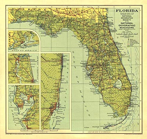 National Geographic: Florida 1930 - Historic Wall Map Series - 13 x 12.5 inches - Paper Rolled