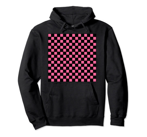 Black Hot Pink Checkerboard Pattern Checkered Gingham Check Pullover Hoodie