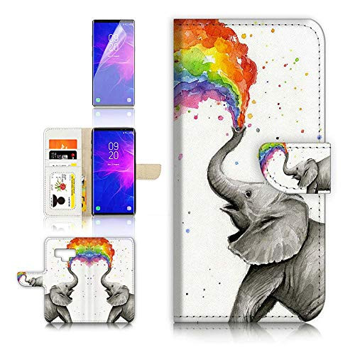 (for Samsung Note 9, Galaxy Note 9) Flip Wallet Case Cover & Screen Protector Bundle - A3957 Rainbow Elephant