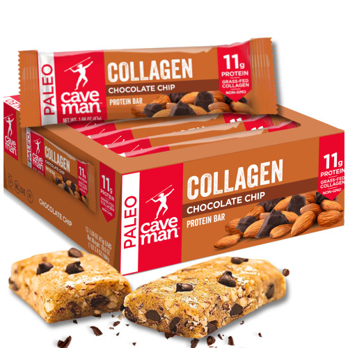 Caveman Foods Collagen Chocolate Chip Protein Bar, 12-Pack, Organic Gluten Free High Protein Bars Low Sugar High Protein, Healthy & Affordable Low Carb Protein Bars, Energy Bars, Protein Snacks Caveman Foods Collagen Chocolate Chip Protein Bar, 12-Pack, Organic Gluten Free High Protein Bars Low Sugar High Protein, Healthy & Affordable Low Carb Protein Bars, Energy Bars, Protein Snacks