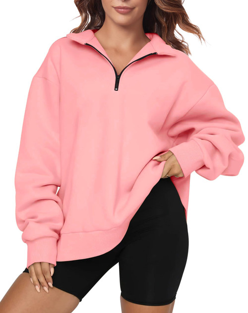 Oversized Sweatshirt for Womens Half Zip Pullover Top Casual Long Sleeve Fleece Sweatshirt Pink