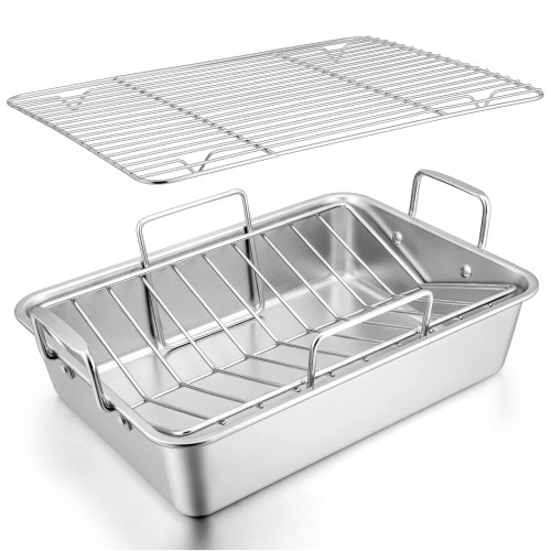 LIANYU 14 Inch Roasting Pan with Rack, Stainless Steel Turkey Roaster Pan with V-Shaped Rack and Baking Rack, Heavy Duty Roaster Pot for Turkey, Chicken, Vegetable, Lasagna, Dishwasher Safe