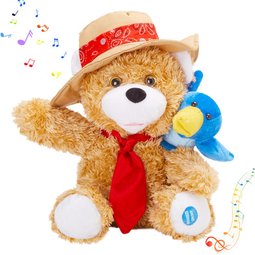 Houwsbaby Singing Dance Electronic Teddy Bear with Cowboy Hat Stuffed Animal Gift for Kids Interactive Toy with Plush Friend Bluebird Valentine's Day Christmas Birthday,12'' (New)