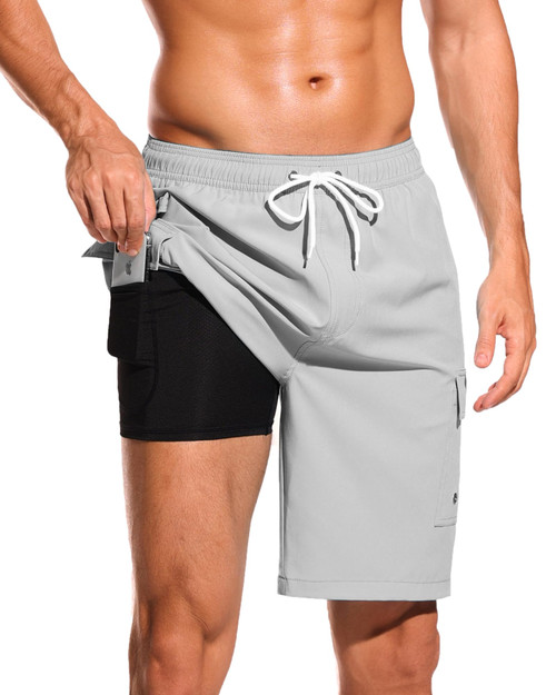 SILKWORLD Men's Swimming Trunks with Compression Liner 9 Inch Swim Shorts Quick Dry Swimsuits Bathing Suits with Cargo Pockets Light Grey, Large