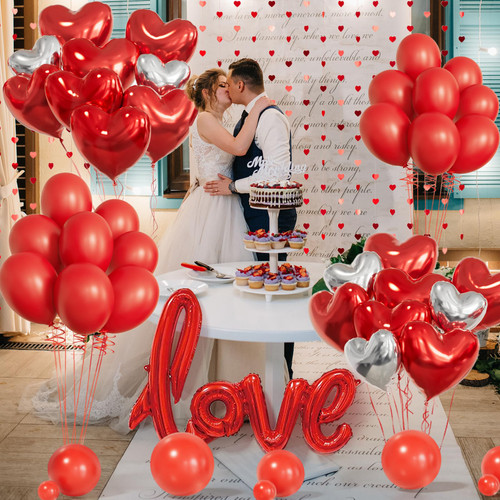 Valentines Day Balloons Kit, 563Pcs Red Silver Heart Balloons with Rose Petals, Love Balloons for Valentines Day Anniversary Mothers Day Wedding Romantic Decorations Special Night