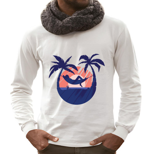 Gift for Relaxation Lovers Enjoy the Sunset from a Hammock Between Two Palms Holiday Gift Grey and Muticolor Unisex Long Sleeve T Shirt