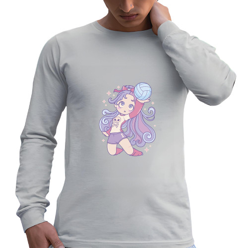 Gift for Volleyball Lovers Funny Girl with Skull Design for Teens and Adults Grey and Muticolor Unisex Long Sleeve T Shirt