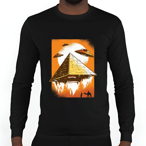 Unique Gift Idea Cool Paranormal Cartoon Design with Pyramid UFO Saucers and Man with Camel Silhouette Perfect for Sci Fi Fans Black and Muticolor Unisex Long Sleeve T Shirt