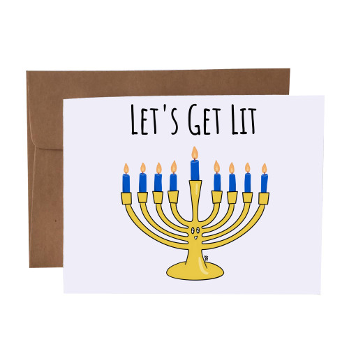 Let's Get Lit Menorah Pun Blank Greeting Card With Envelope