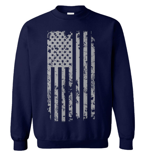 Haase Unlimited Silver American Flag - USA Patriotic Freedom Unisex Crewneck Sweatshirt (Navy, XX-Large)
