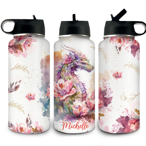 Hyturtle Personalized Dragon Water Bottle for Animal Lover- Dragon Birthday Gifts for Girls Women Friend - Floral Dragon Lover Gifts- Dragon Custom Name 18oz 32oz Stainless Steel Bottle With Straw Lid