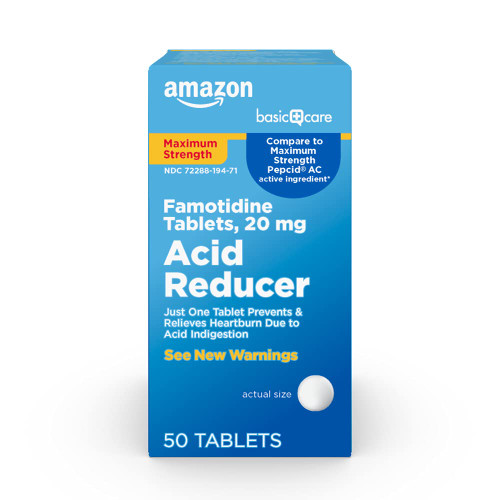 Amazon Basic Care Maximum Strength Famotidine Tablets 20 mg, Acid Reducer for Heartburn Relief, 50 Count