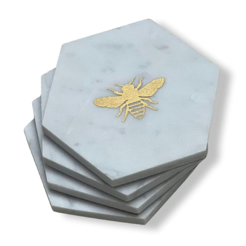 Gold Bumble Bee Engraved Marble Coasters, Set of 4 Gold Engraved Bee Marble Coasters, Hexagon Bee Marble Coasters, Marble Coaster Set for Bar, Custom Engraved Marble Coasters