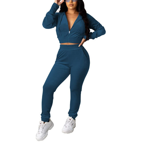 PINSV 2 Piece Outfits Velour Tracksuit For Women Zip Up Hoodie Velvet Jogging Sweatsuit Workout Sets Solid Peacock Blue L