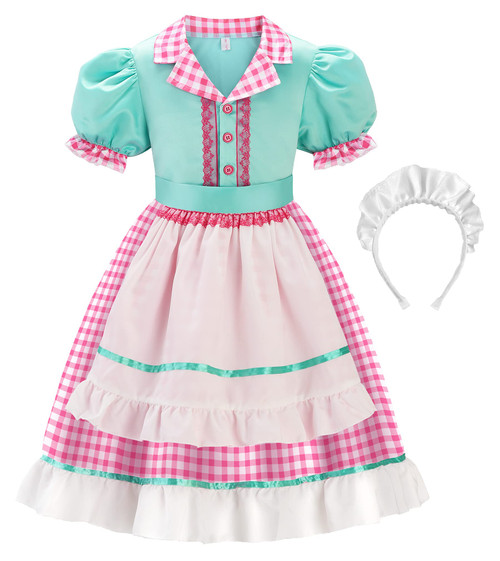 ReliBeauty 50s Girl Costume Waitress Costume for Girls with Apron and Headband, Green & Pink,5/120