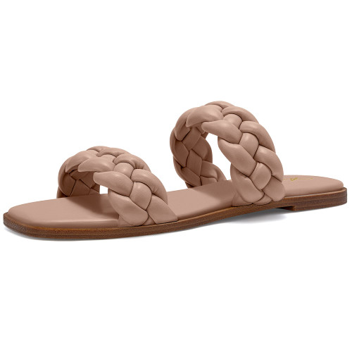 Athlefit Women's Braided Flat Sandals Square Open Toe Slip On Slides Woven Sandals Nude Size 7.5