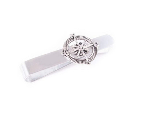 Antiqued Silver Compass Tie Clip, Handcrafted Tie Bar, Tie Clasp