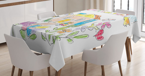 Ambesonne Saying Tablecloth, Childish Doodle Artwork with Colorful Chalk Style Painting Flowers Birds, Dining Room Kitchen Rectangular Table Cover, 52" X 70", Multicolor