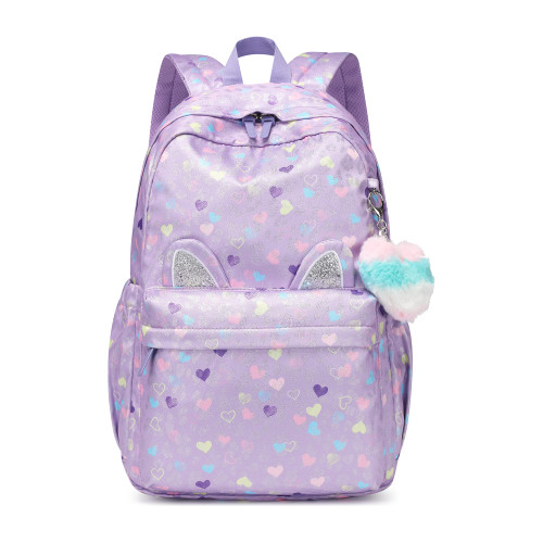 Kids Backpack Girls Light Purple Waterproof Large Space School Backpack Suitable for Age for Over 6 years old Lightweight Travel Cat Ear Heart Keychain Children Backpack?Light Purple Peach Heart?