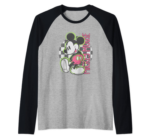 Disney Mickey And Friends Neon Retro Checkerboard Skate Raglan Baseball Tee