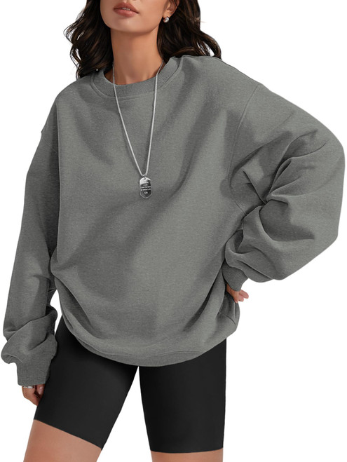 ATHMILE Women's Oversized Fleece Sweatshirts Long Sleeve Crew Neck Pullover Sweatshirt Casual Hoodie Tops 2023 Dark Grey