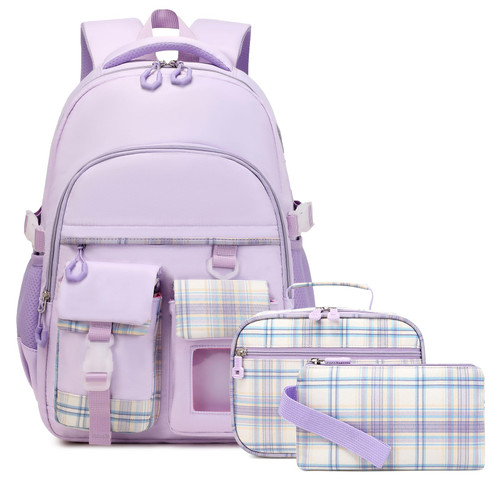 GeeWin School Backpack Set for Teen Girls, Girls Backpack with Matching Insulated Lunch Bag & Pencil Pouch For Kids Elementary Primary Middle School, Cute Waterproof Student Bookbag Daypack (Purple)