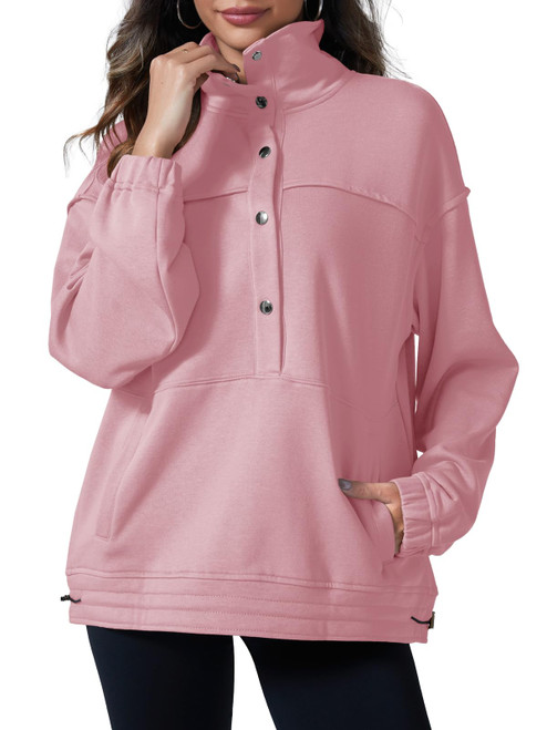 Fisoew Women's Oversized Sweatshirts Casual Long Sleeve Pullover Tops Loose Fit Button Shirts with Pockets Pink