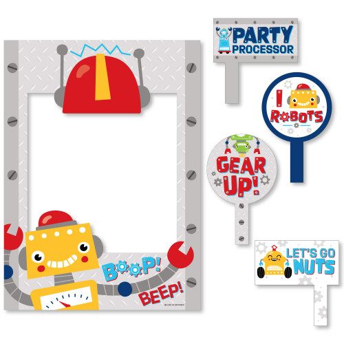 Big Dot of Happiness Gear Up Robots - Birthday Party or Baby Shower Selfie Photo Booth Picture Frame and Props - Printed on Sturdy Material