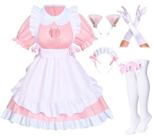 Anime French Cat Maid Apron Fancy Dress Cosplay Costume Headwear Gloves Socks Set(Pink S)
